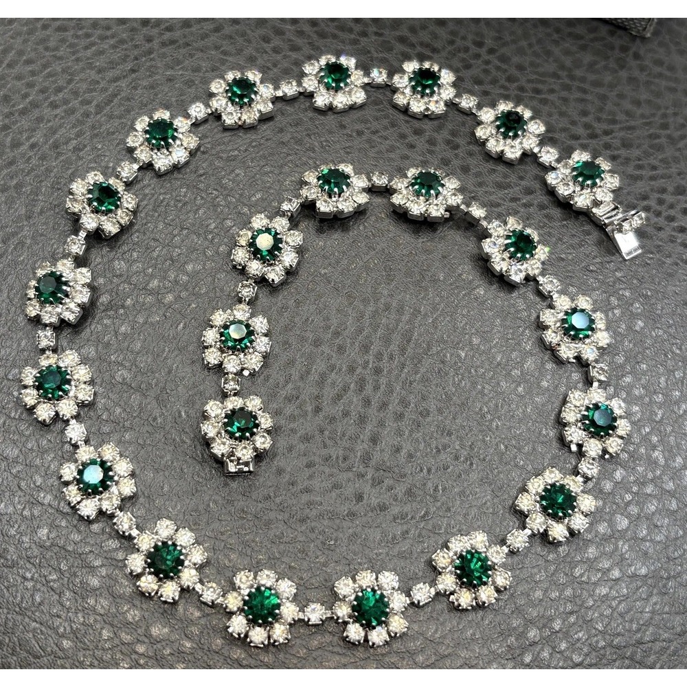 Vintage Green Crystal Rhinestone Flower Cluster Choker Necklace Silver Tone 17" - Picture 6 of 16